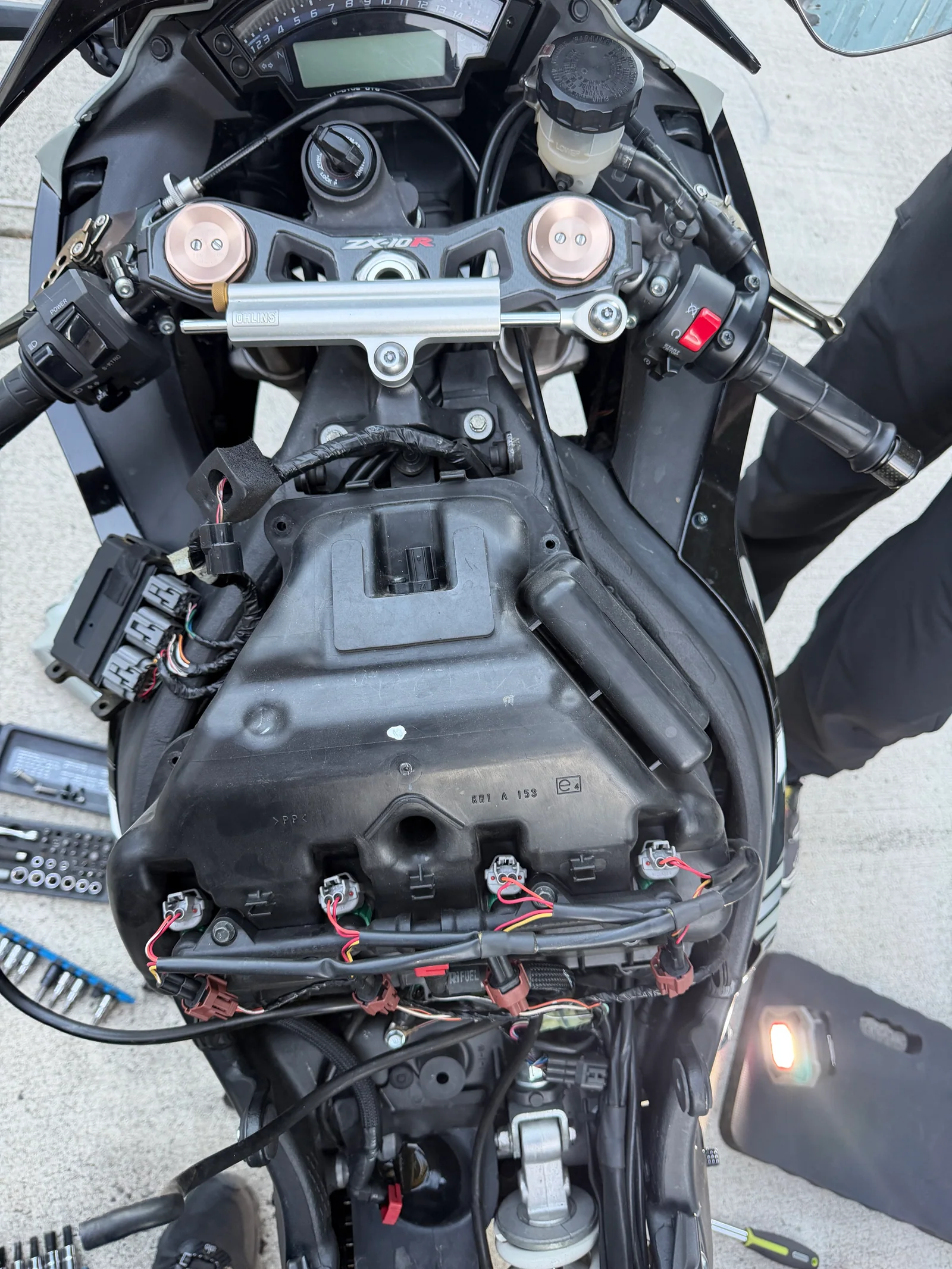 2011 Kawasaki Ninja ZX-10R with fuel tank removed and airbox area exposed