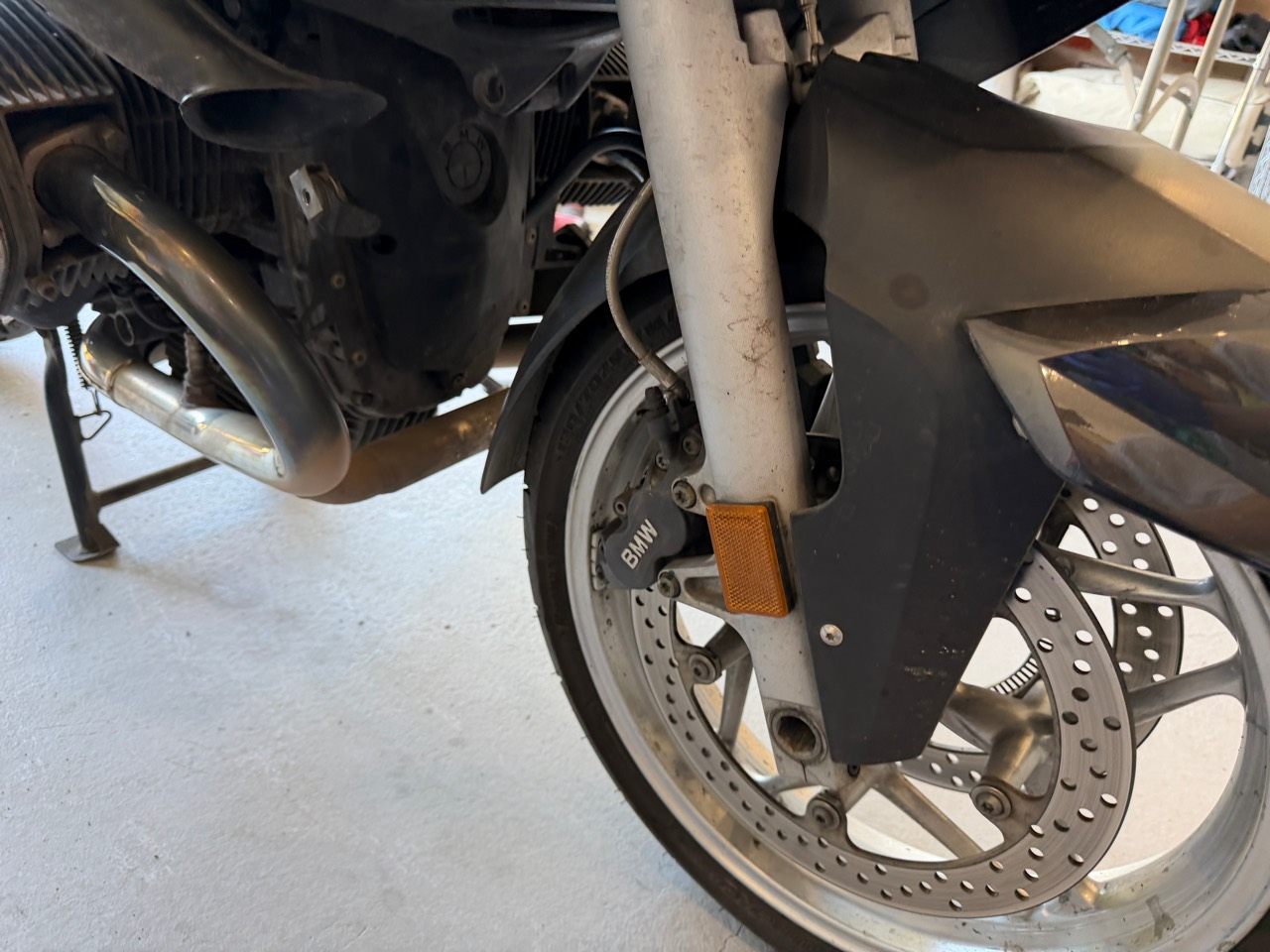 BMW R1200 front brake caliper and rotor after iABS bypass service