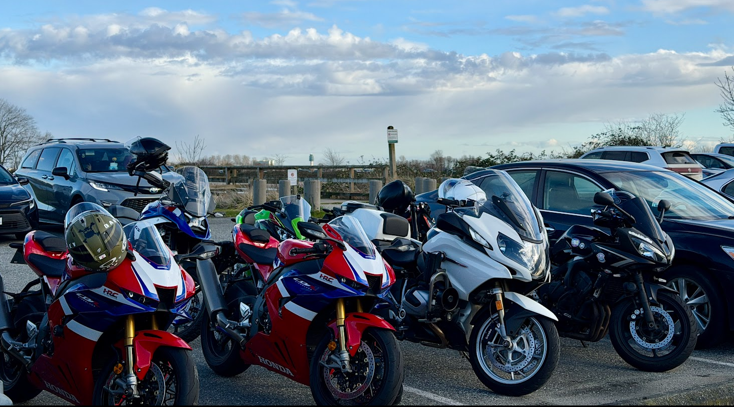 Front view of a motorcycle prepared for an evening ride around Metro Vancouver